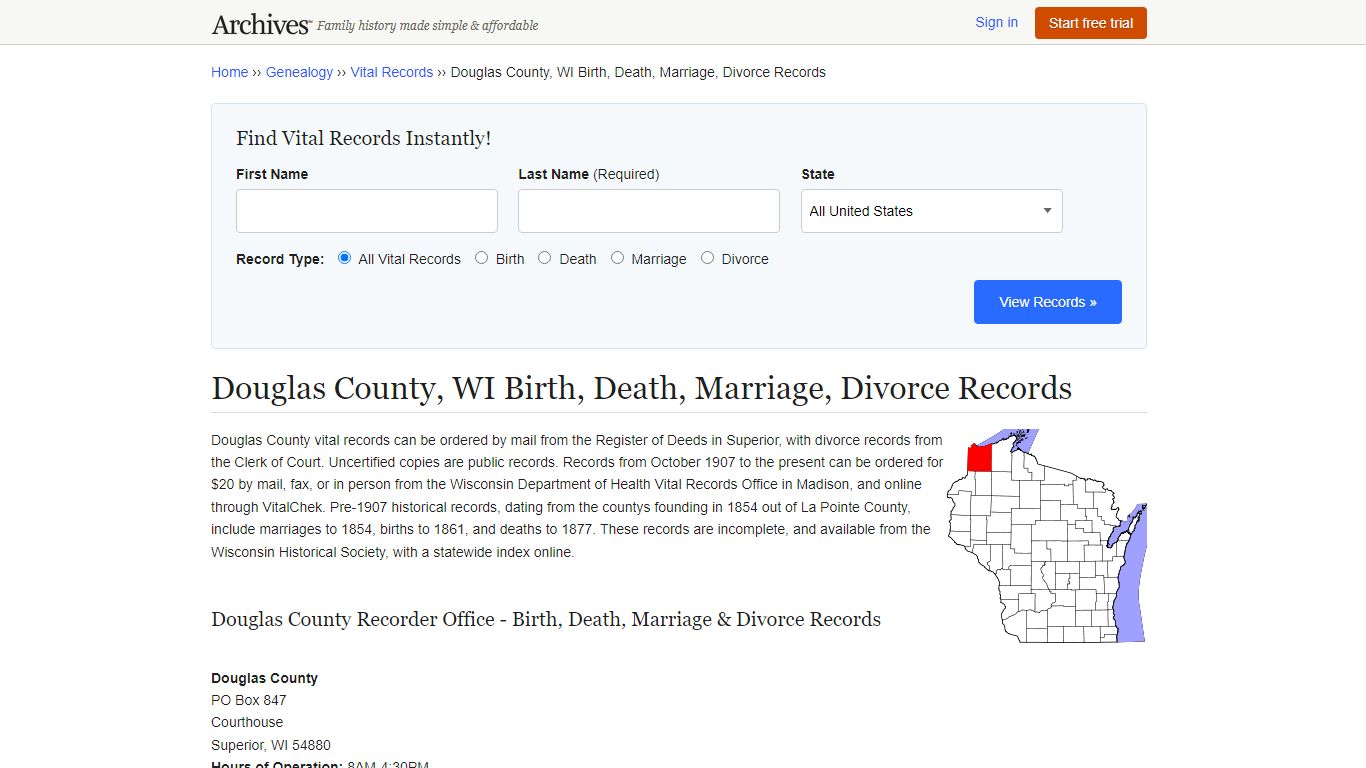 Douglas County, WI Birth, Death, Marriage, Divorce Records