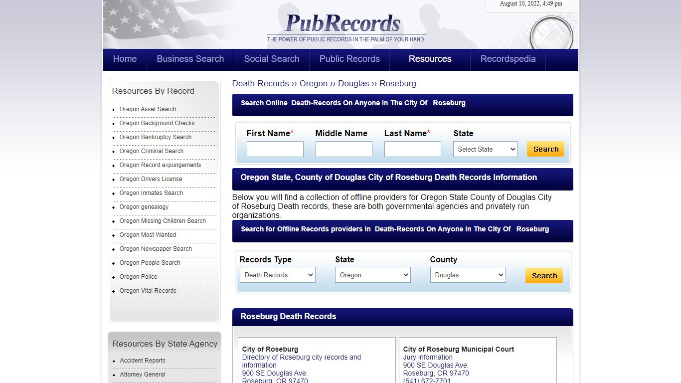 Roseburg, Douglas County, Oregon Death Records